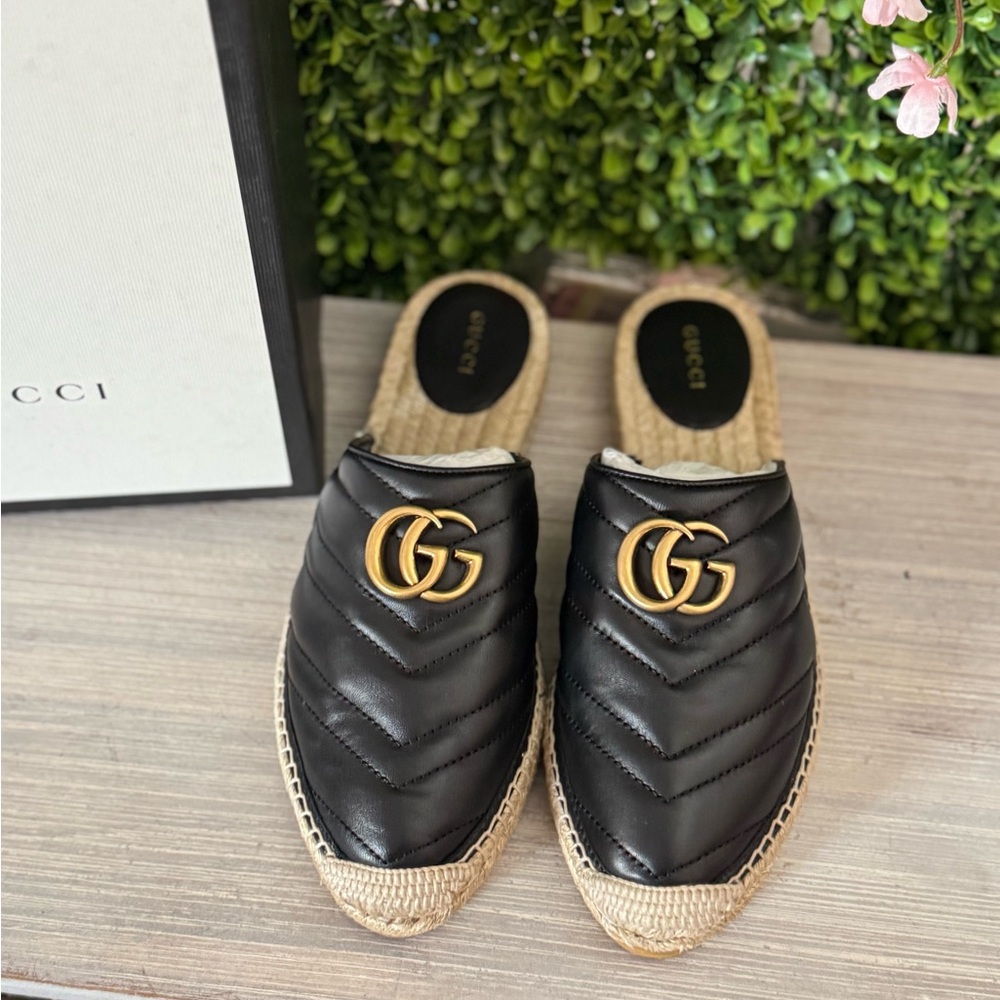 New Gucci Marmont Slide Espadrilles Black Leather